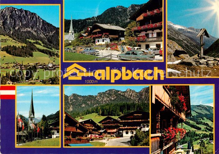 Alpbach Ortsmotive Kirche Blumenschmuck Gipfelkreuz Alpenpanorama
