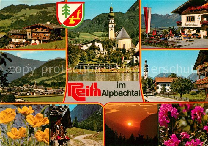 Reith Alpbachtal Teilansichten Kirche Hotel Restaurant Alpenflora Sonnenuntergan