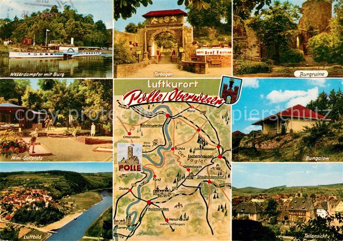 Polle Oberweser Weserdampfer mit Burg Torbogen Burgruine Minigolfplatz Bungalow