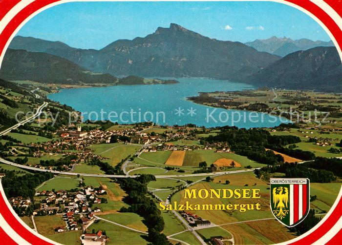 Mondsee Salzkammergut mit Schafberg und Drachenwand Wappen Fliegeraufnahme
