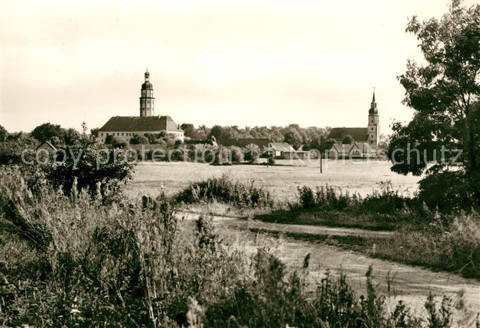 Reinharz Duebener Heide Blick ueber die Wiesen Ortsansicht mit Kirche