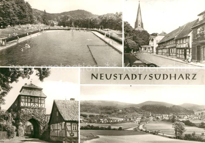 Neustadt Harz Freibad Ortsmotiv Fachwerkhaeuser Torbogen Landschaftspanorama