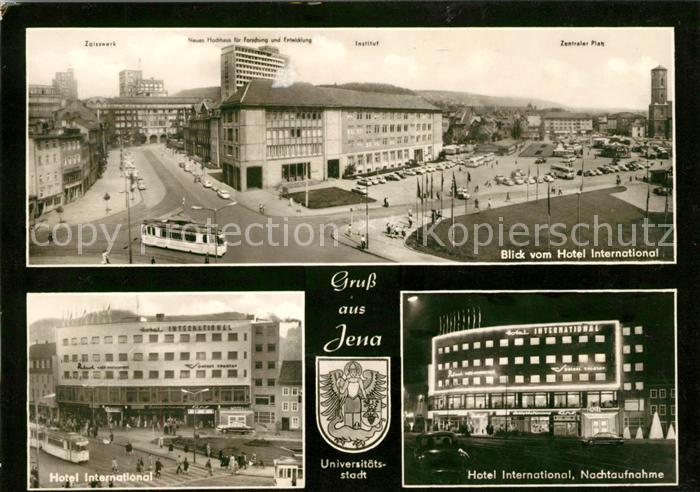 Jena Thueringen Blick vom Hotel International Nachtaufnahme Wappen Universitaets