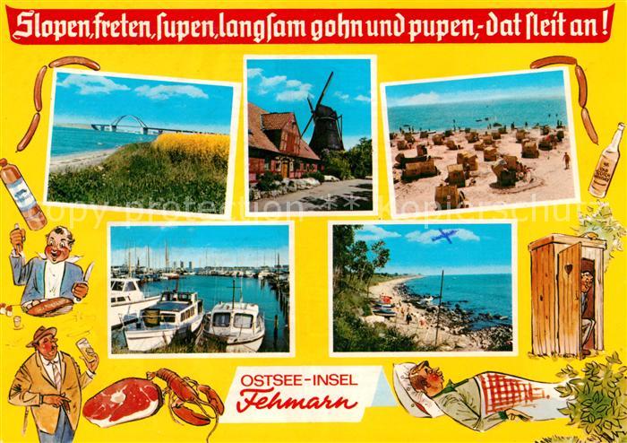 Insel Fehmarn Strand Fehmarnsundbruecke Ortsmotiv mit Windmuehle Hafen Karikatur