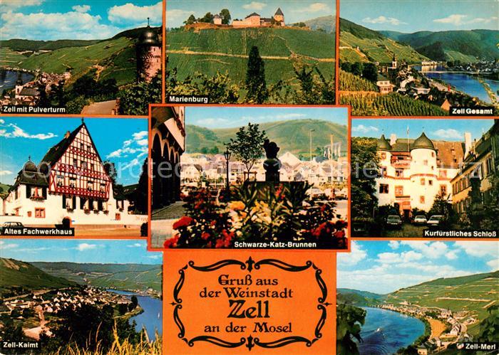 Zell Mosel Landschaftspanorama mit Pulverturm Marienburg Fachwerkhaus Schloss Sc