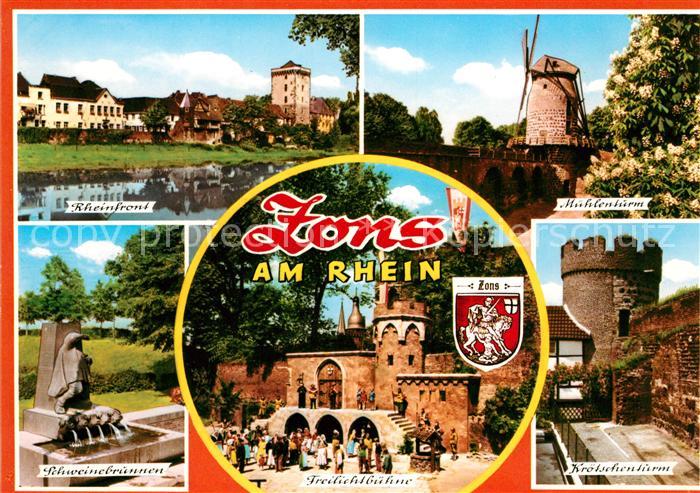 Zons Rhein NRW Rheinfront Muehlenturm Schweinebrunnen Freilichtbuehne Kroetschen