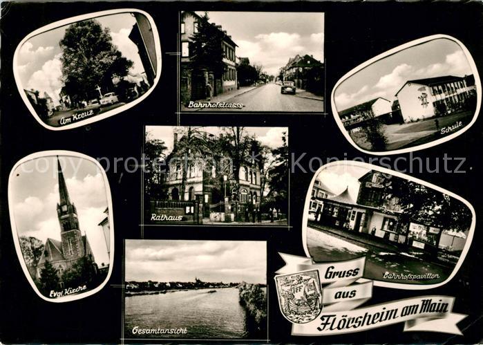 Floersheim Main Kreuz Bahnhofstrasse Kirche Rathaus Schule Bahnhofspavillon