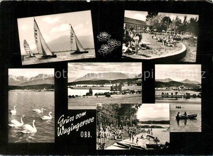 Traunstein Oberbayern Wagingersee Schwaene Boote Badestelle
