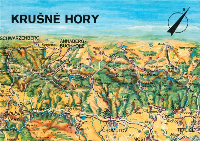 Krusne Hory Gebietskarte mit Schwarzenberg und Annaberg Buchholz