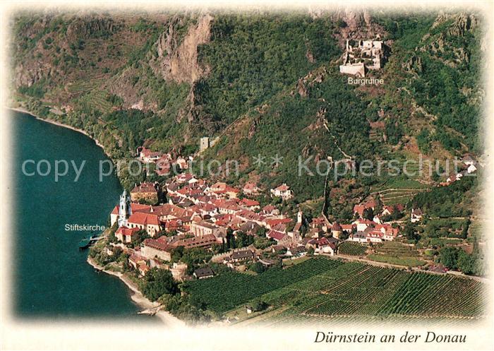 Duernstein Wachau Fliegeraufnahme mit Stiftskirche und Burgruine