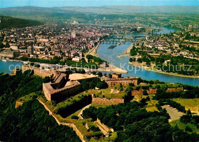 Koblenz Rhein Festung Ehrenbreitstein und Deutsches Eck Fliegeraufnahme