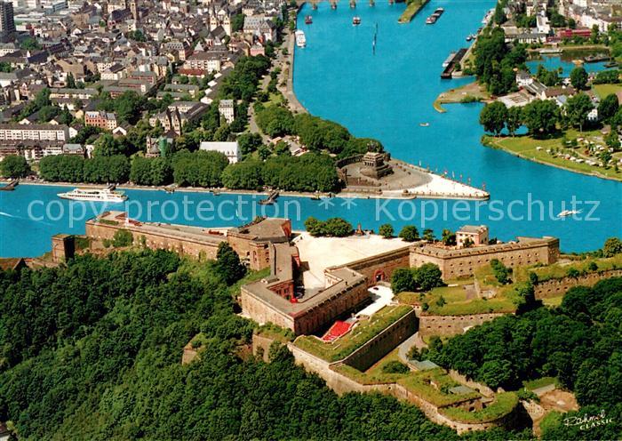 Koblenz Rhein Fliegeraufnahme mit Mosel Deutsches Eck und Festung Ehrenbreitstei