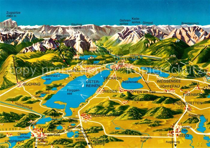 Schwangau Panoramakarte mit Bannwaldss Forggensee Hopfensee Weissensee