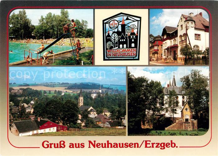 Neuhausen Erzgebirge Sommerbad Schild am Ortseingang Rathaus Teilansicht Schloss