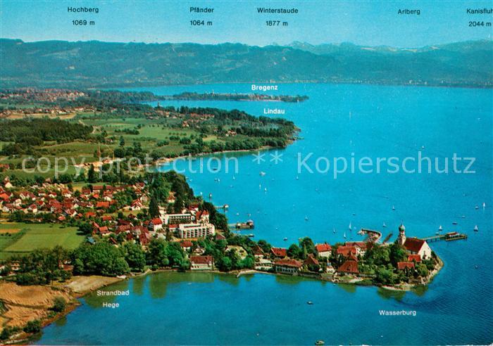 Wasserburg Bodensee Fliegeraufnahme Halbinsel mit Lindau und Bregenzerwald