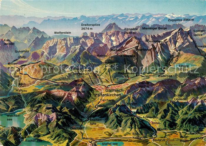 GARMISCH-PARTENKIRCHEN Bayern Panoramakarte Werdenfelser Land