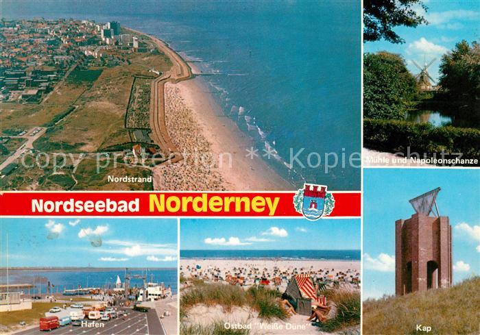 Norderney Nordseebad Fliegeraufnahme mit Strand Muehle Napoleonschanze Kap Hafen