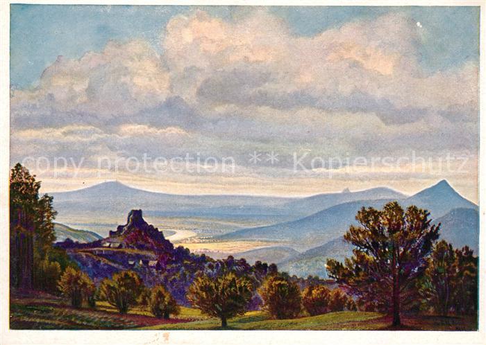 Elbtal Dresden Blick vom Eisberg gegen Ruine Kamaik Kuenstlerkarte Hirsch