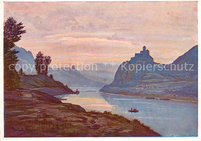 Aussig Tschechien Burg Schreckenstein im Elbtal Kuenstlerkarte Hirsch