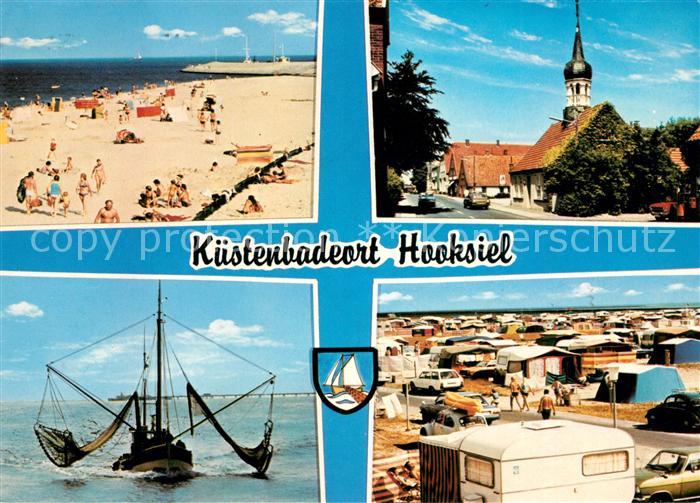 Hooksiel Nordseebad Kuestenbadeort Strand Kirche Campingplatz Fischerboot