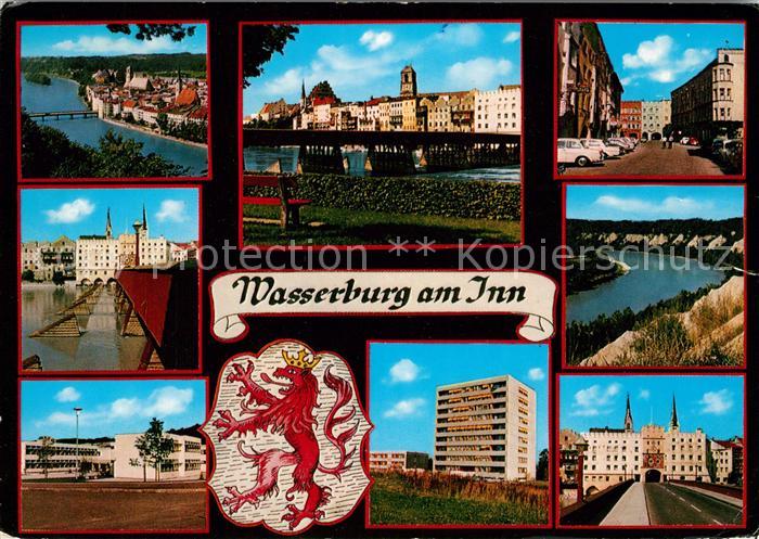 Wasserburg Inn Stadtpanorama Innbruecke Innenstadt Siedlung Hochhaeuser Wappen