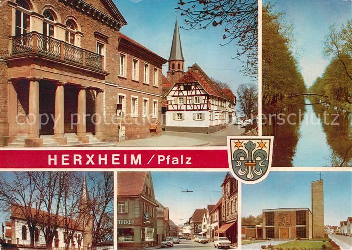 Herxheim Pfalz Ortsmotive mit Kirche Strassenpartie Partie am Fluss Wappen