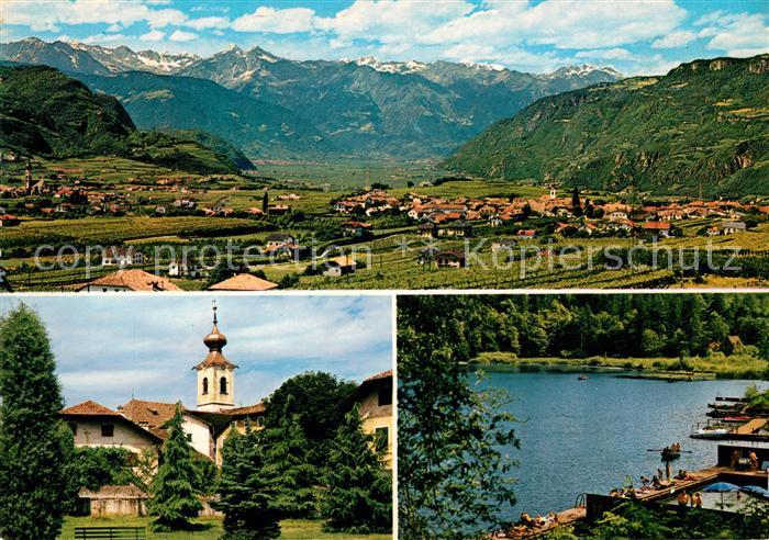Girlan Gesamtansicht mit Alpenpanorama Kirche Badesteg See