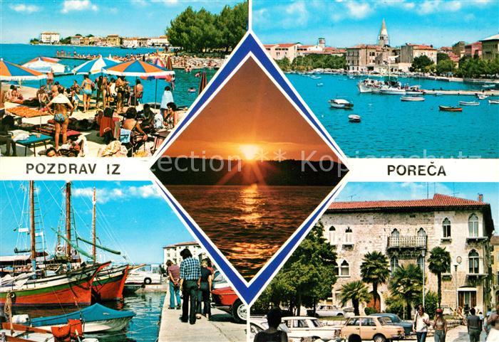 Porec Badestrand Hafen Fischkutter Sonnenuntergang Innenstadt