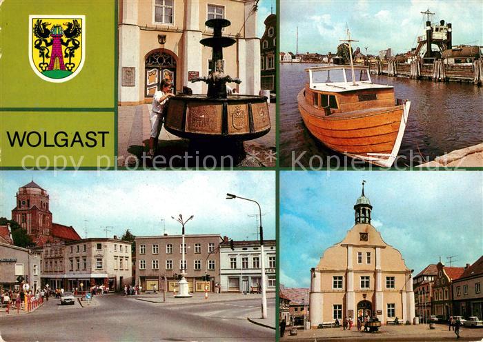Wolgast Mecklenburg-Vorpommern Rathausbrunnen Faehrschiff Stralsund Platz der Ju