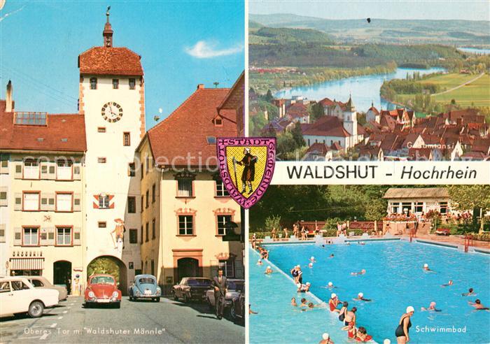 Waldshut-Tiengen Oberes Tor mit Waldshuter Maennle Stadtpanorama Schwimmbad Frei
