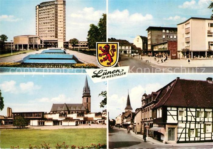 Luenen Hochhaus Strassenpartie Kirche Wappen