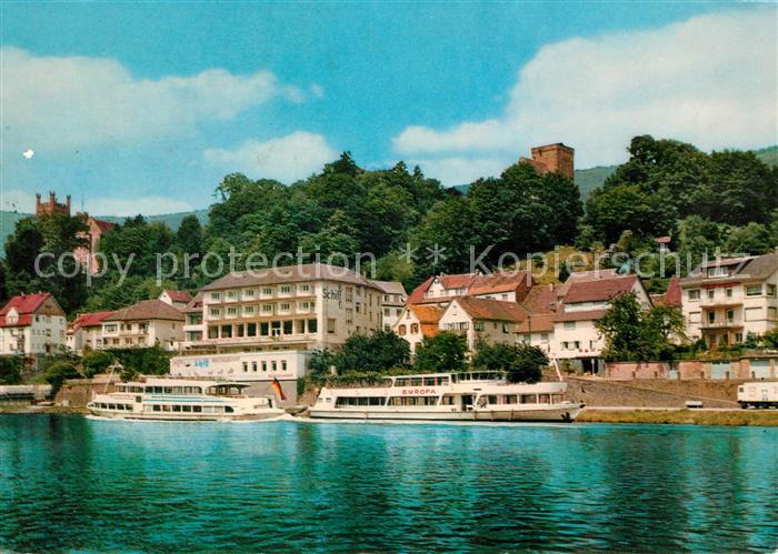 Neckarsteinach Vierburgenstadt Blick ueber den Neckar Ausflugsdampfer