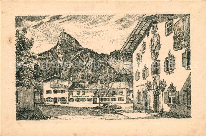 Oberammergau Hauptstrasse nach Original Federzeichnung von Rudi Muellers Kuenstl