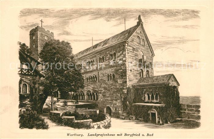 Wartburg Eisenach Landgrafenhaus mit Bergfried und Bad Zeichnung Kuenstlerkarte