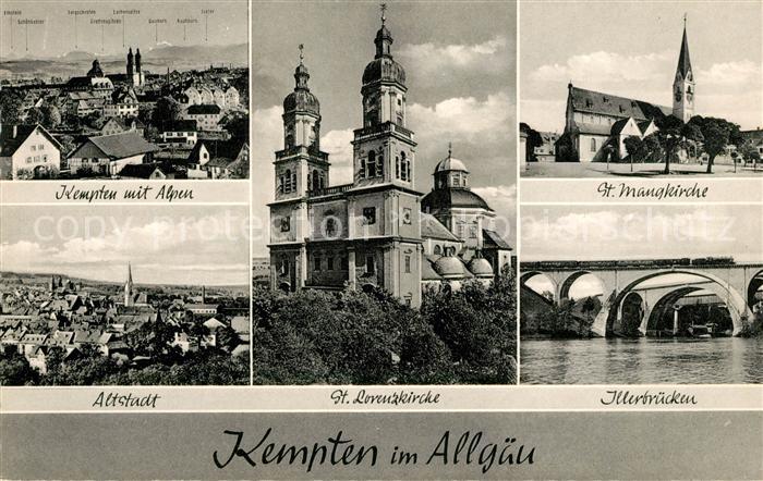 Kempten Allgaeu Stadtpanorama Alpen Altstadt St Lorenzkirche St Mangkirche Iller