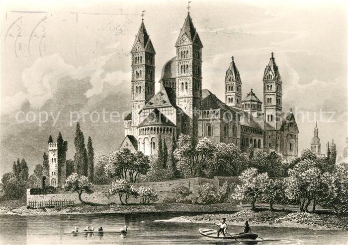 Speyer Rhein Blick ueber den Rhein zum Dom Kuenstlerkarte