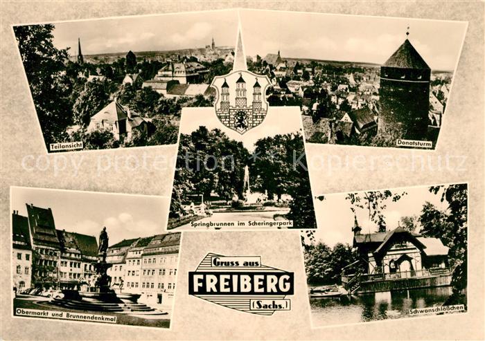 Freiberg Sachsen Teilansicht Springbrunnen Scheringerpark Donatsturm Schwanschlo