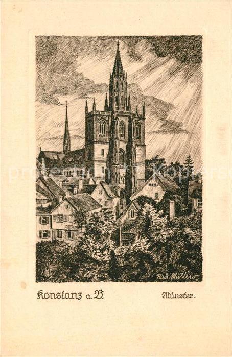 Konstanz Bodensee Muenster Original-Federzeichnung v. Rudi Muellers