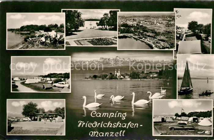 Manzell Campingplatz am Bodensee Schwaene Alpenpanorama Fliegeraufnahme