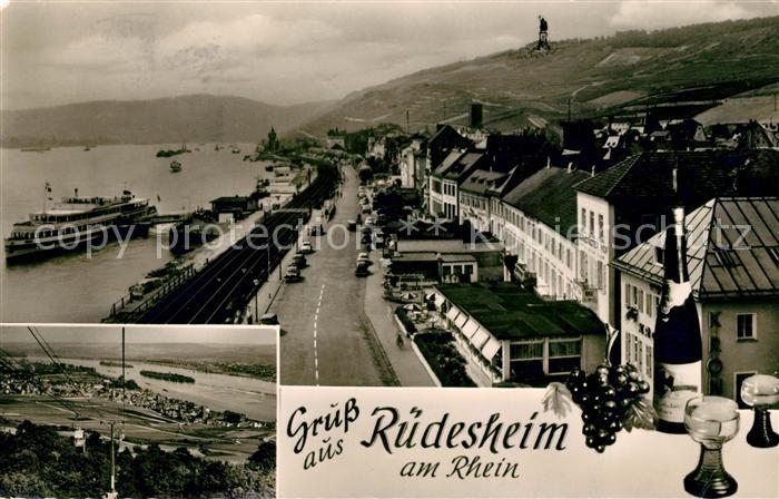 Ruedesheim Rhein Uferstrasse Dampfer Anleger Bergbahn Weinflasche Weinglaeser