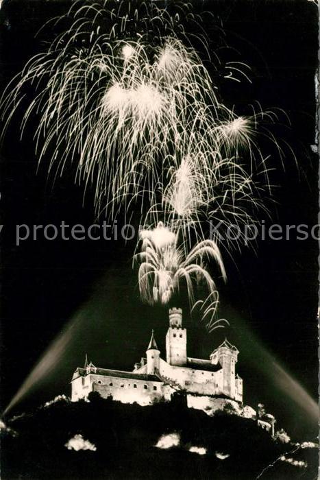 Braubach Rhein Feuerwerk ueber der Marksburg