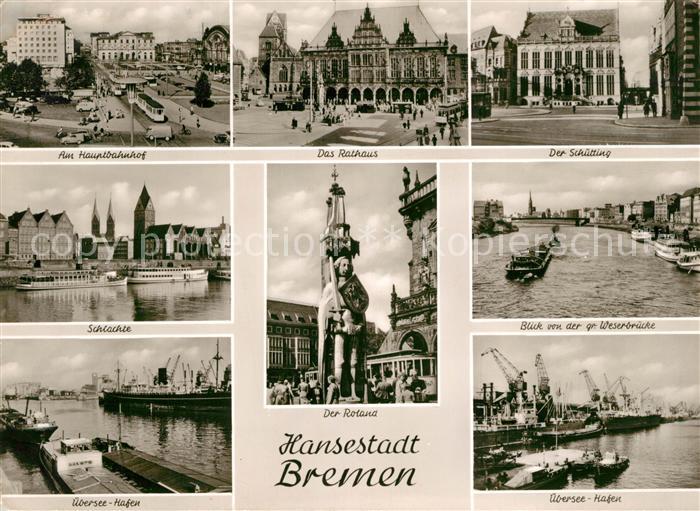 BREMEN  CITY Bahnhof Rathaus Schuetting Schlachte Roland Statue ueberseehafen We