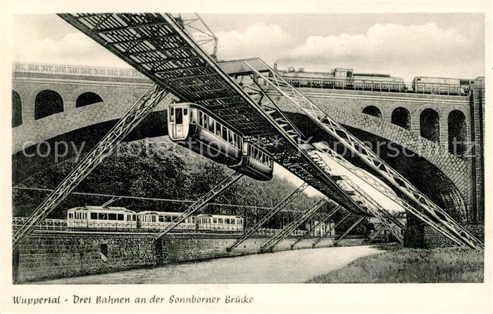 WUPPERTAL NRW Drei Bahnen an der Sonnborner Bruecke Schwebebahn Eisenbahn