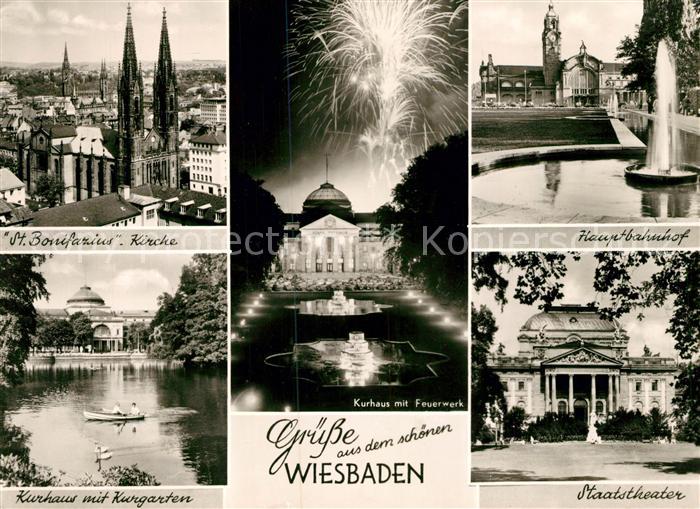 Wiesbaden St Bonifazius Kirche Kurhaus Feuerwerk Bahnhof Staatstheater Kurgarten