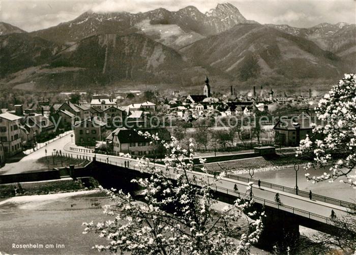 Rosenheim Bayern Innbruecke Baumbluete Stadtpanorama mit Alpen Hafner Bildkarten