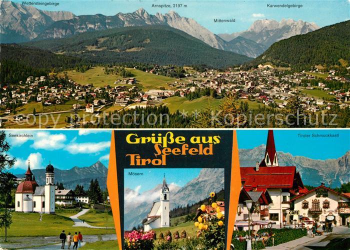Seefeld Tirol Gesamtansicht mit Alpenpanorama Seekirchlein Moesern Tiroler Schmu