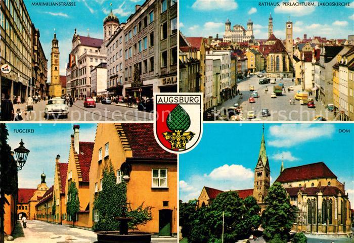 Augsburg Maximilianstrasse Rathaus Perlachturm Jakobskirche Fuggerei Dom Wappen