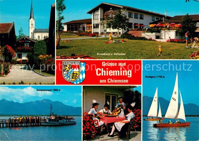 Chieming Chiemsee Ortsmotiv mit Kirche Strandhotel Hallenbad Bootsanleger Segeln