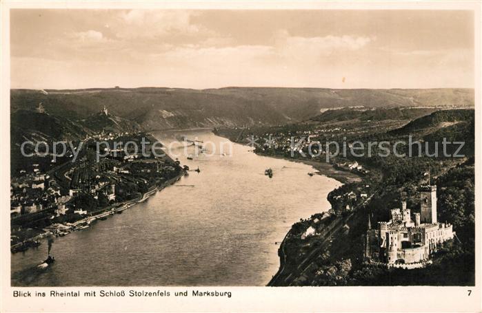 Koblenz Rhein Blick ins Rheintal mit Schloss Stolzenfels und Marksburg Fliegerau