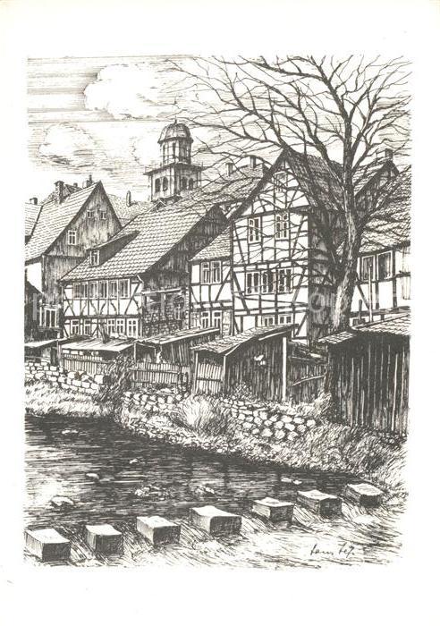 Lauterbach Hessen Kuenstlerzeichnung Hans Hess Bachlauf mit Schrittsteine